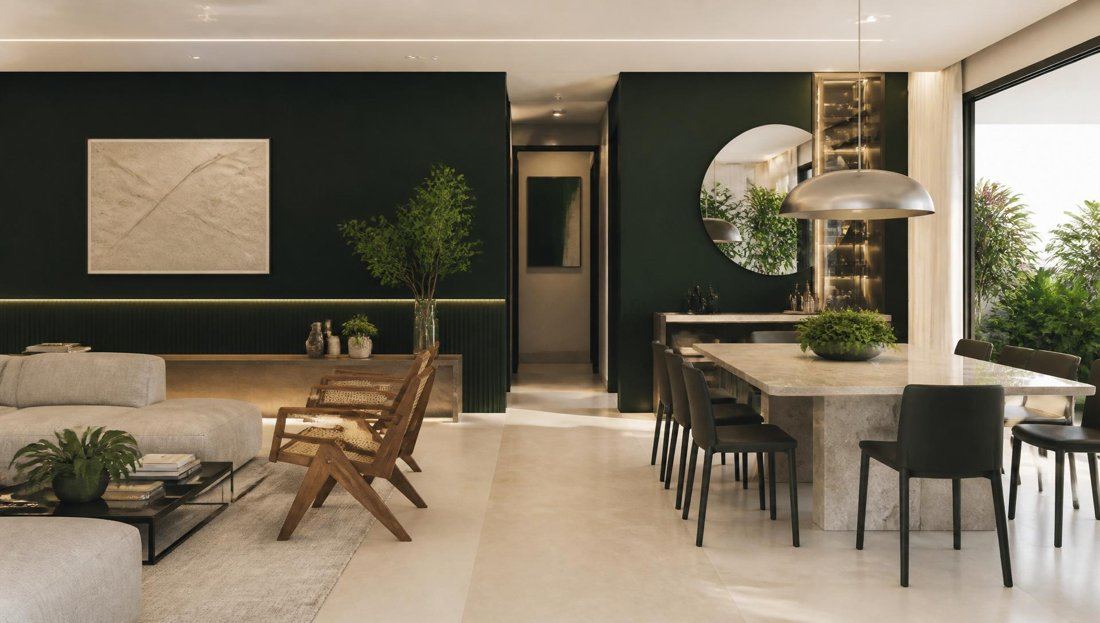 Sala com parede verde profunda, sofá claro e cadeiras em madeira